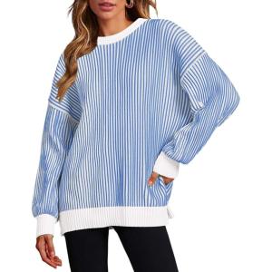 imageZeagoo Women 2024 Winter Oversized Sweater Crew Neck Long Sleeve Color Block Pullover Rib Knit Blouse Tops XS2XLNavy Blue