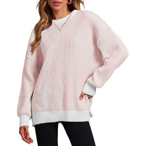 imageZeagoo Women 2024 Winter Oversized Sweater Crew Neck Long Sleeve Color Block Pullover Rib Knit Blouse Tops XS2XLPink