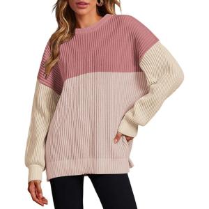 imageZeagoo Women 2024 Winter Oversized Sweater Crew Neck Long Sleeve Color Block Pullover Rib Knit Blouse Tops XS2XLPink Khaki