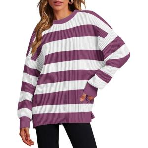 imageZeagoo Women 2024 Winter Oversized Sweater Crew Neck Long Sleeve Color Block Pullover Rib Knit Blouse Tops XS2XLPink White Stripe