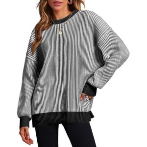 imageZeagoo Women 2024 Winter Oversized Sweater Crew Neck Long Sleeve Color Block Pullover Rib Knit Blouse Tops XS2XLRe Black