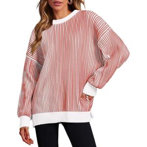 imageZeagoo Women 2024 Winter Oversized Sweater Crew Neck Long Sleeve Color Block Pullover Rib Knit Blouse Tops XS2XLRed