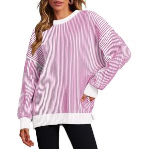 imageZeagoo Women 2024 Winter Oversized Sweater Crew Neck Long Sleeve Color Block Pullover Rib Knit Blouse Tops XS2XLRose Red