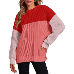 imageZeagoo Women 2024 Winter Oversized Sweater Crew Neck Long Sleeve Color Block Pullover Rib Knit Blouse Tops XS2XLRose Red Pink