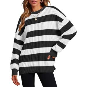 imageZeagoo Women 2024 Winter Oversized Sweater Crew Neck Long Sleeve Color Block Pullover Rib Knit Blouse Tops XS2XLSmall Black Striped Color Bloack White