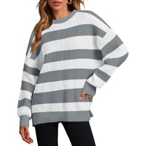 imageZeagoo Women 2024 Winter Oversized Sweater Crew Neck Long Sleeve Color Block Pullover Rib Knit Blouse Tops XS2XLWhite Gray Stripe