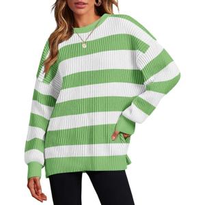 imageZeagoo Women 2024 Winter Oversized Sweater Crew Neck Long Sleeve Color Block Pullover Rib Knit Blouse Tops XS2XLWhite Green Striped