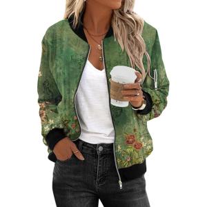 imageZeagoo Womens Bomber Jacket Casual Coat Zip Up Outerwear Windbreaker with Pockets SXXLGreen Print