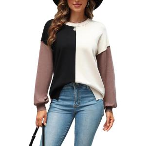 imageZeagoo Womens Striped Oversized Sweater 2024 Crew Neck Long Sleeve Knitted Color Block Casual Loose Pullover TopBlackbeige