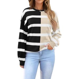 imageZeagoo Womens Striped Oversized Sweater 2024 Crew Neck Long Sleeve Knitted Color Block Casual Loose Pullover TopBlackbeige Stripe