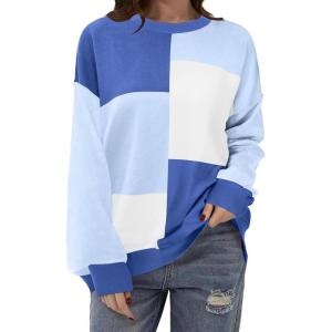 imageZeagoo Womens Striped Oversized Sweater 2024 Crew Neck Long Sleeve Knitted Color Block Casual Loose Pullover TopBlue Block