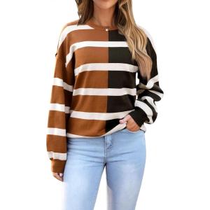imageZeagoo Womens Striped Oversized Sweater 2024 Crew Neck Long Sleeve Knitted Color Block Casual Loose Pullover TopBrownblack Stripe