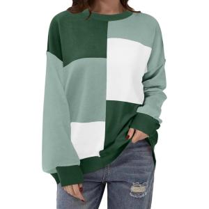 imageZeagoo Womens Striped Oversized Sweater 2024 Crew Neck Long Sleeve Knitted Color Block Casual Loose Pullover TopGreen Block