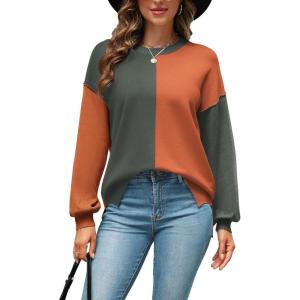 imageZeagoo Womens Striped Oversized Sweater 2024 Crew Neck Long Sleeve Knitted Color Block Casual Loose Pullover TopGreyorange