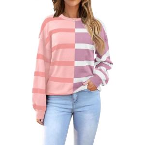 imageZeagoo Womens Striped Oversized Sweater 2024 Crew Neck Long Sleeve Knitted Color Block Casual Loose Pullover TopPinkpurple Stripe