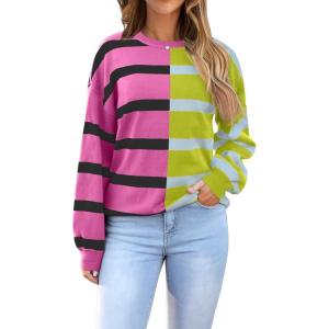 imageZeagoo Womens Striped Oversized Sweater 2024 Crew Neck Long Sleeve Knitted Color Block Casual Loose Pullover TopRose Redyellow Stripe