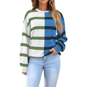 imageZeagoo Womens Striped Oversized Sweater 2024 Crew Neck Long Sleeve Knitted Color Block Casual Loose Pullover TopWhiteblue Stripe