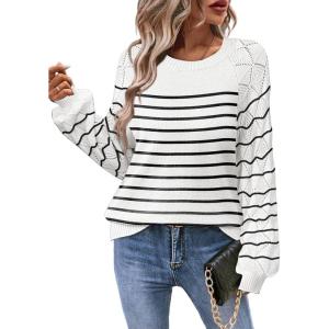 imageZeagoo Womens Sweaters 2024 Long Sleeve Crew Neck Lightweight Pullover Knitted Fall Fashion TopsStripe White