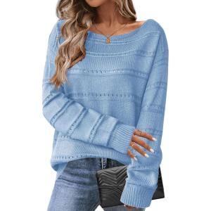 imageZeagoo Womens Sweaters Cute Long Sleeve Off The Shoulder Pullover Tops Hollow Out Crochet Dressy Casual OutfitsAbaby Blue