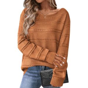 imageZeagoo Womens Sweaters Cute Long Sleeve Off The Shoulder Pullover Tops Hollow Out Crochet Dressy Casual OutfitsAbrown