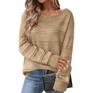 imageZeagoo Womens Sweaters Cute Long Sleeve Off The Shoulder Pullover Tops Hollow Out Crochet Dressy Casual OutfitsAkhaki