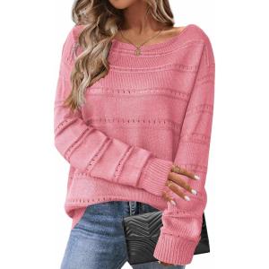 imageZeagoo Womens Sweaters Cute Long Sleeve Off The Shoulder Pullover Tops Hollow Out Crochet Dressy Casual OutfitsAlight Pink