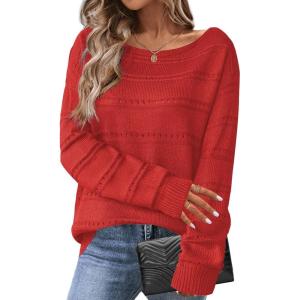 imageZeagoo Womens Sweaters Cute Long Sleeve Off The Shoulder Pullover Tops Hollow Out Crochet Dressy Casual OutfitsAred