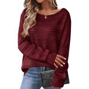 imageZeagoo Womens Sweaters Cute Long Sleeve Off The Shoulder Pullover Tops Hollow Out Crochet Dressy Casual OutfitsAwine Red
