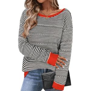 imageZeagoo Womens Sweaters Cute Long Sleeve Off The Shoulder Pullover Tops Hollow Out Crochet Dressy Casual OutfitsBlack Stripe