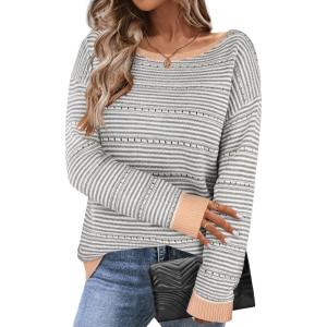 imageZeagoo Womens Sweaters Cute Long Sleeve Off The Shoulder Pullover Tops Hollow Out Crochet Dressy Casual OutfitsGray Stripe