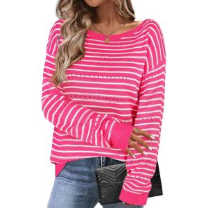 imageZeagoo Womens Sweaters Cute Long Sleeve Off The Shoulder Pullover Tops Hollow Out Crochet Dressy Casual OutfitsHot Pink Stripe