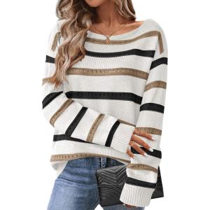 imageZeagoo Womens Sweaters Cute Long Sleeve Off The Shoulder Pullover Tops Hollow Out Crochet Dressy Casual OutfitsStripe 1