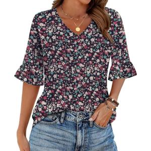 imageZeagoo Womens Tops Casual V Neck Shirts Floral Solid Blouse Ruffle Tunics 34 Sleeve Tshirt SXXLBlack Floral