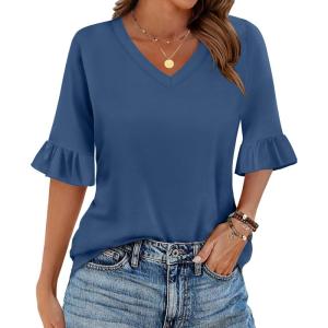 imageZeagoo Womens Tops Casual V Neck Shirts Floral Solid Blouse Ruffle Tunics 34 Sleeve Tshirt SXXLBlue
