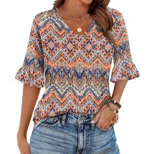 imageZeagoo Womens Tops Casual V Neck Shirts Floral Solid Blouse Ruffle Tunics 34 Sleeve Tshirt SXXLBoho Printing