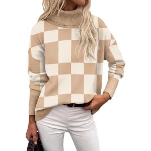 imageZeagoo Womens Turtleneck Sweater 2024 Fall Winter Chunky Knitted Pullover High Low Hem Trendy Basic Jumper TopKhakiplaid