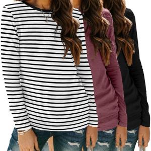 imageZeagoo 3 Pack Long Sleeve Shirts for Women Casual Soft Crewneck Basic Tee Tops Fall Outfit ClothesStripe Blackblackmaroon