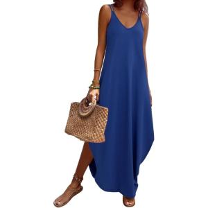 imageZeagoo Womens Casual Sundress Summer Maxi Sleeveless V Neck Split Boho Beach Dress Travel Vacation Dress with PocketsNavy Blue