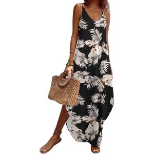 imageZeagoo Womens Casual Sundress Summer Maxi Sleeveless V Neck Split Boho Beach Dress Travel Vacation Dress with PocketsZw29