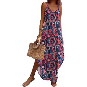 imageZeagoo Womens Casual Sundress Summer Maxi Sleeveless V Neck Split Boho Beach Dress Travel Vacation Dress with PocketsZx255