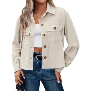 imageZeagoo Womens Fashion Cropped Shackets Corduroy Button Down Crop Jackets Tops Long Sleeve Shirts Trendy 2025Light Apricot