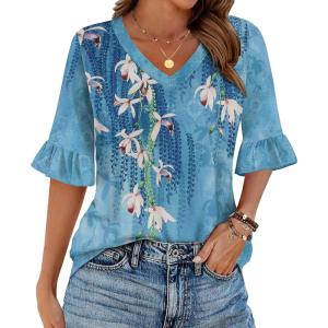 imageZeagoo Womens Tops Casual V Neck Shirts Floral Solid Blouse Ruffle Tunics 34 Sleeve Tshirt SXXLBlue Painting
