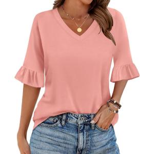 imageZeagoo Womens Tops Casual V Neck Shirts Floral Solid Blouse Ruffle Tunics 34 Sleeve Tshirt SXXLCoral