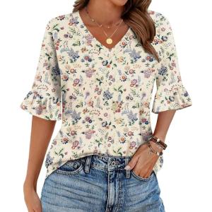 imageZeagoo Womens Tops Casual V Neck Shirts Floral Solid Blouse Ruffle Tunics 34 Sleeve Tshirt SXXLFloral Cream