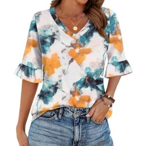 imageZeagoo Womens Tops Casual V Neck Shirts Floral Solid Blouse Ruffle Tunics 34 Sleeve Tshirt SXXLFloral Painting