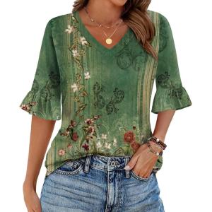imageZeagoo Womens Tops Casual V Neck Shirts Floral Solid Blouse Ruffle Tunics 34 Sleeve Tshirt SXXLGreen Painting