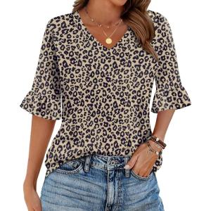 imageZeagoo Womens Tops Casual V Neck Shirts Floral Solid Blouse Ruffle Tunics 34 Sleeve Tshirt SXXLLeopard