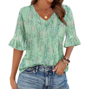 imageZeagoo Womens Tops Casual V Neck Shirts Floral Solid Blouse Ruffle Tunics 34 Sleeve Tshirt SXXLLight Green Floral