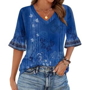 imageZeagoo Womens Tops Casual V Neck Shirts Floral Solid Blouse Ruffle Tunics 34 Sleeve Tshirt SXXLMz712