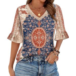 imageZeagoo Womens Tops Casual V Neck Shirts Floral Solid Blouse Ruffle Tunics 34 Sleeve Tshirt SXXLMz757